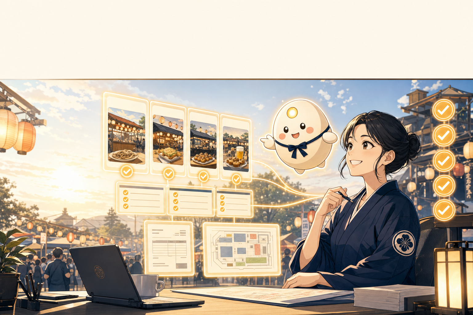 FestOS — リーちゃんが、整理された申込・保健所書類・請求・督促を AI が承認カードで回すワークフローを案内する様子
