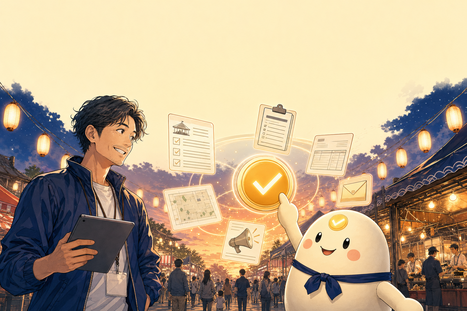 FestOS — リーちゃんが申込・保健所書類・請求・督促を AI で下書きし、運営担当者は承認ボタンを押すだけの様子